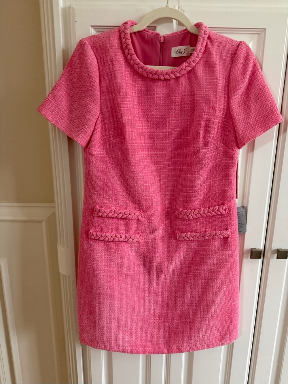 Eliza J Pink Braided-Trim Tweed Shift Dress